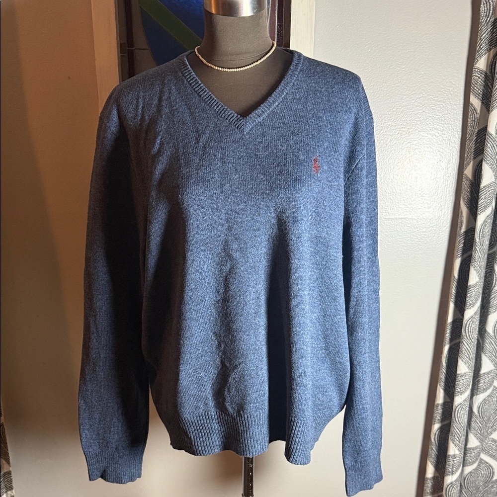 Polo Ralph Lauren Vintage 100% Lambswool V Neck Sweater SZ Large Heather Blue